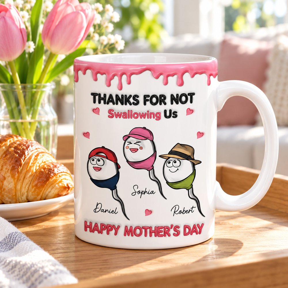 Custom Mother's Day 3D inflated effect mug on wooden breakfast tray with pink tulips