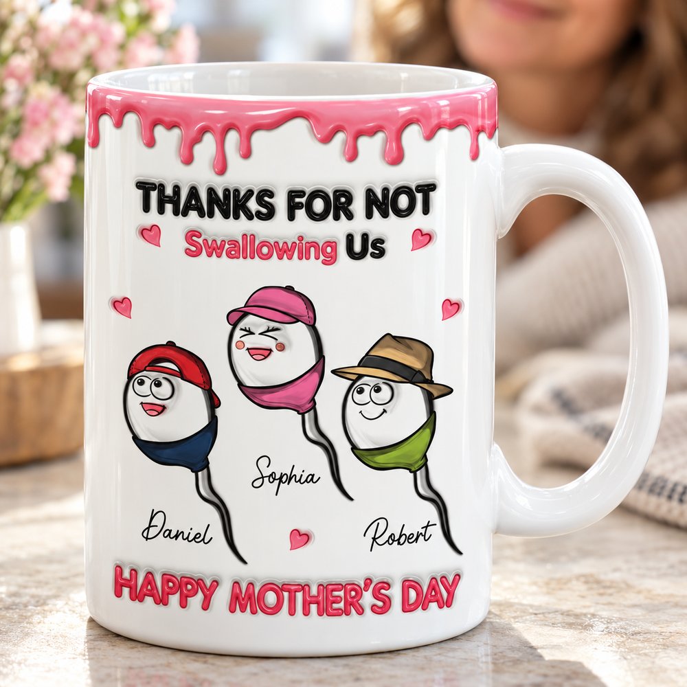 Close-up detail of 3D inflated effect print and glossy ceramic surface on custom mom mug