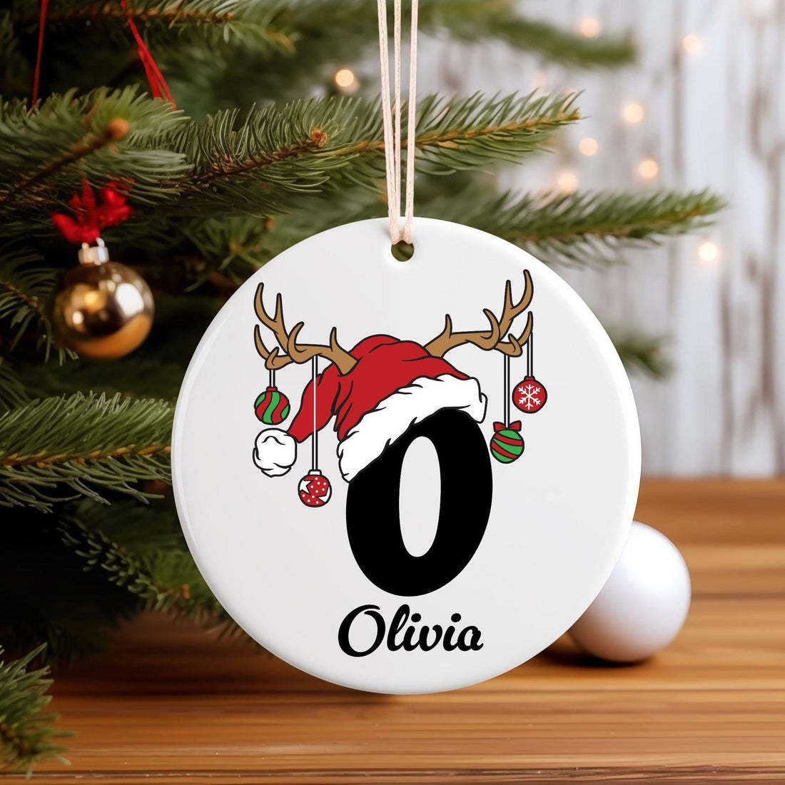 Letter Name Ornament, 2026 Family Ornament, Custom Initial O personalized circle ceramic ornament, alternate view 3