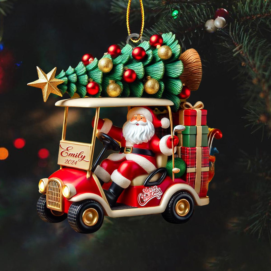 Golf Cart Santa Christmas custom shaped acrylic ornament, alternate view 3