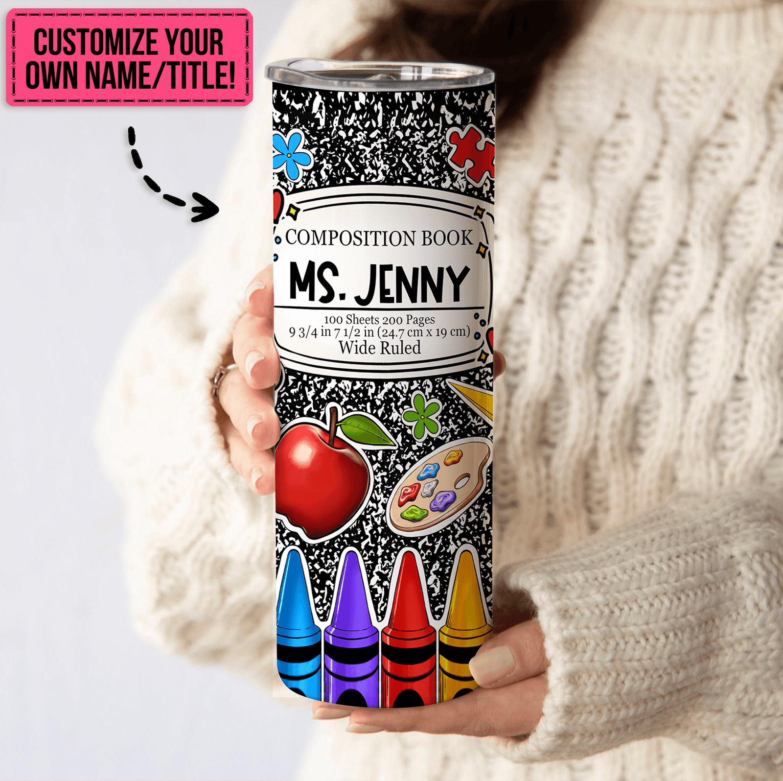 Composition Book Tumbler For Teachers - Personalized Custom 20oz Skinny Tumbler Cup - Back To School/ First Day Of School, Loving, Funny Gift for Teacher, Kindergarten, Preschool, Pre K, Paraprofessional - Suzitee Store