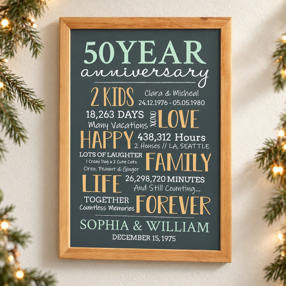 50 Year Anniversary personalized framed poster hanging on a wall with soft holiday greenery and lights
