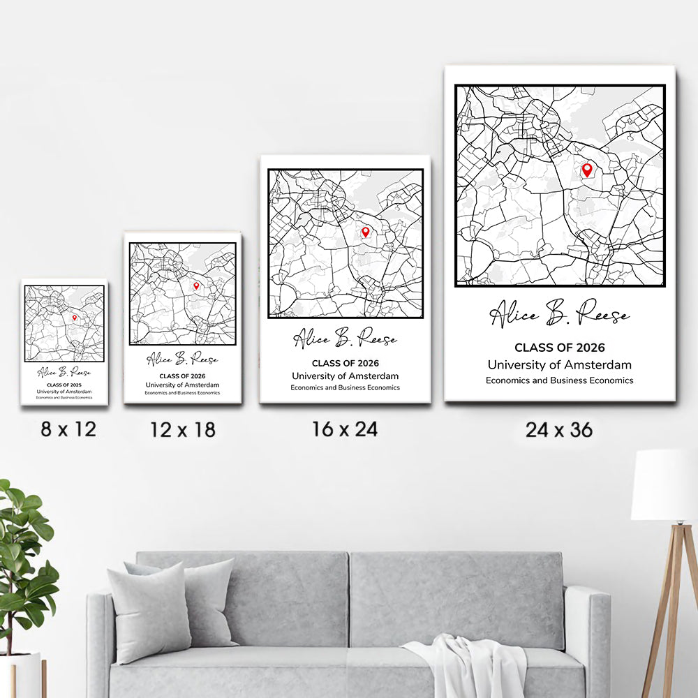 Personalized Graduation Gift Map Print poster, size options shown on a sofa wall