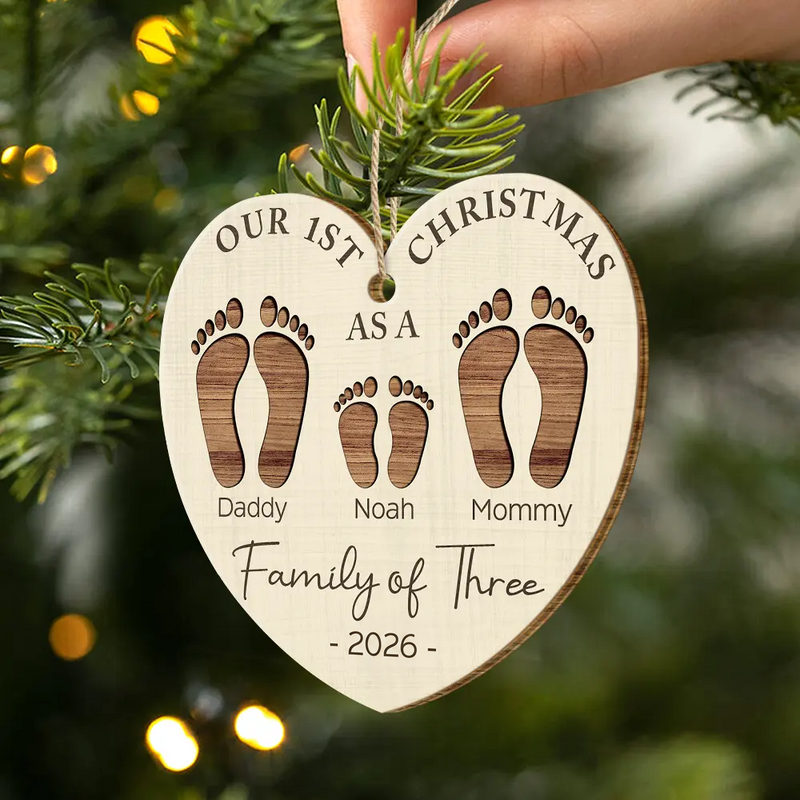 First Christmas As A Family Of Four Footprints - Personalized Wood Ornament - Babies 1st Christmas Gifts