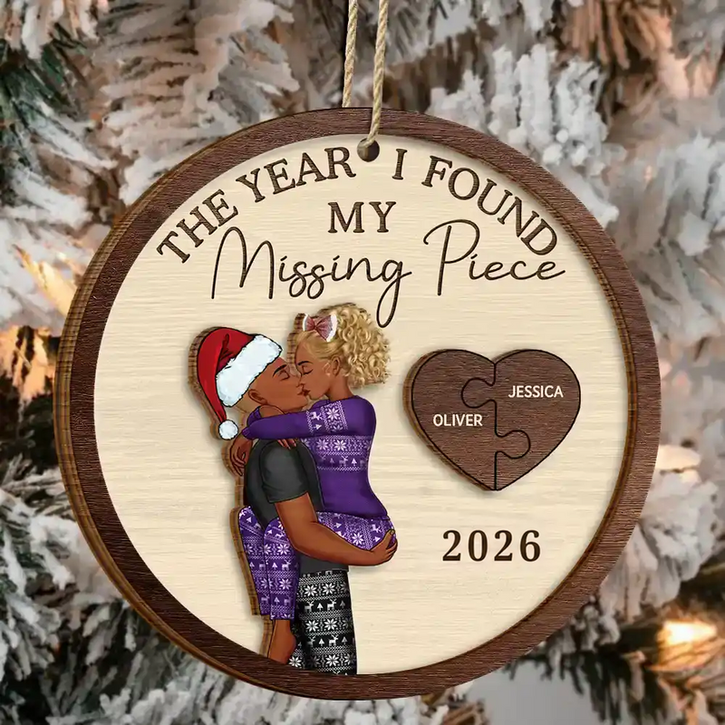 The Year I Found My Missing Piece Kissing Couples personalized 2 layers custom shaped wooden ornament, alternate view 3