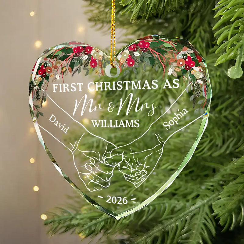 Personalized Holding Hands First Christmas Couple circle glass ornament, alternate view 4