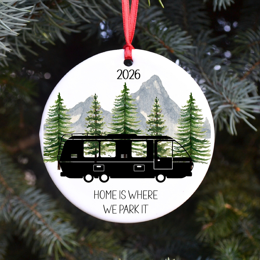 Personalized Happy Campers RV circle ceramic ornament, alternate view 4