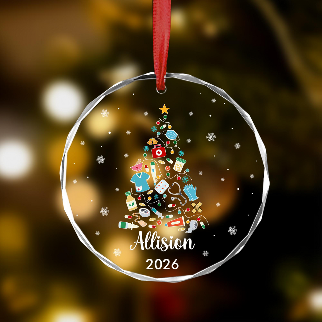 Personalized Nurse Christmas Tree Ornament circle glass ornament, alternate view 2
