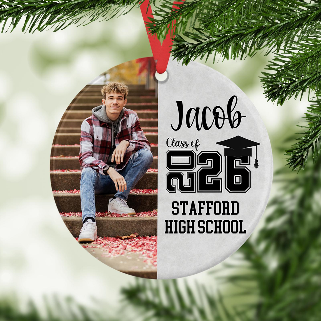 Custom Photo Senior Keepsake Ornament personalized circle ceramic ornament, alternate view 2