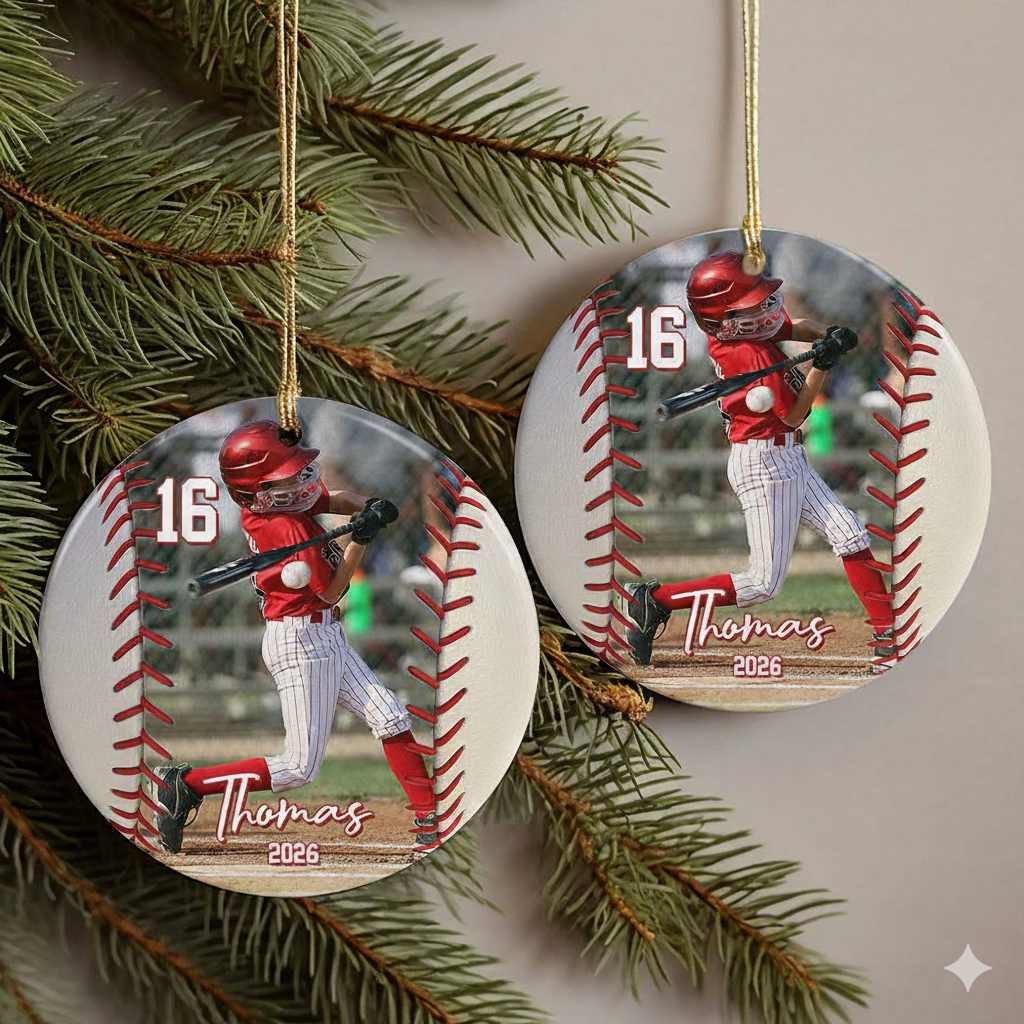 Custom Photo Baseball Christmas personalized circle ceramic ornament, alternate view 5
