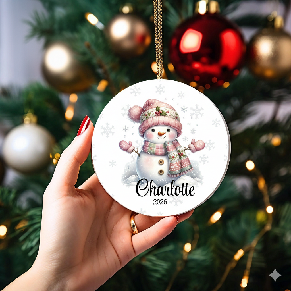 Pink Snowman Christmas personalized circle ceramic ornament, alternate view 3
