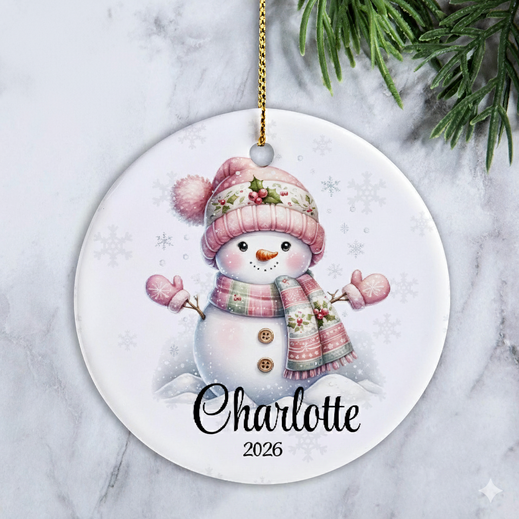 Pink Snowman Christmas personalized circle ceramic ornament, alternate view 4