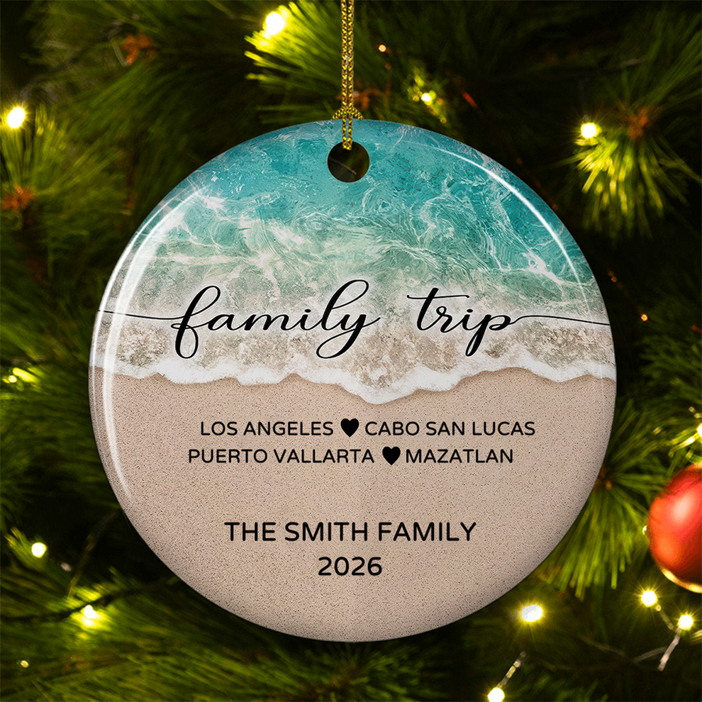 Personalized Family Beach Vacation circle ceramic ornament, main view