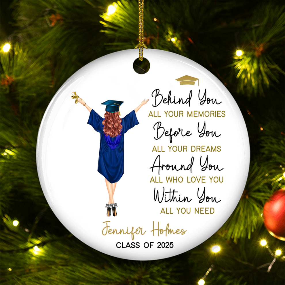 Personalized Behind You All Your Memories Graduation circle ceramic ornament, main view