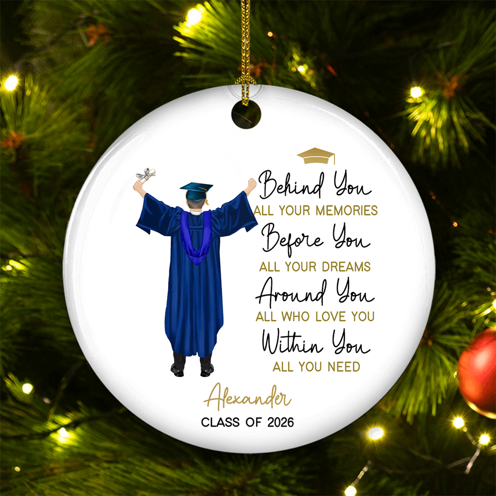 Personalized Behind You All Your Memories Graduation circle ceramic ornament, alternate view 2