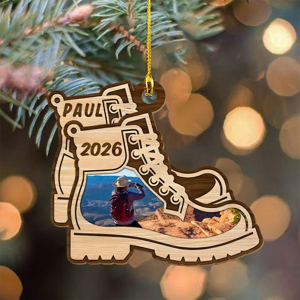 Custom Photo Hiking Boots Christmas - Personalized Wood Ornament - Christmas Gift for Men Women, Hiking Lovers, Hiker Christmas Gift, Travel Gift