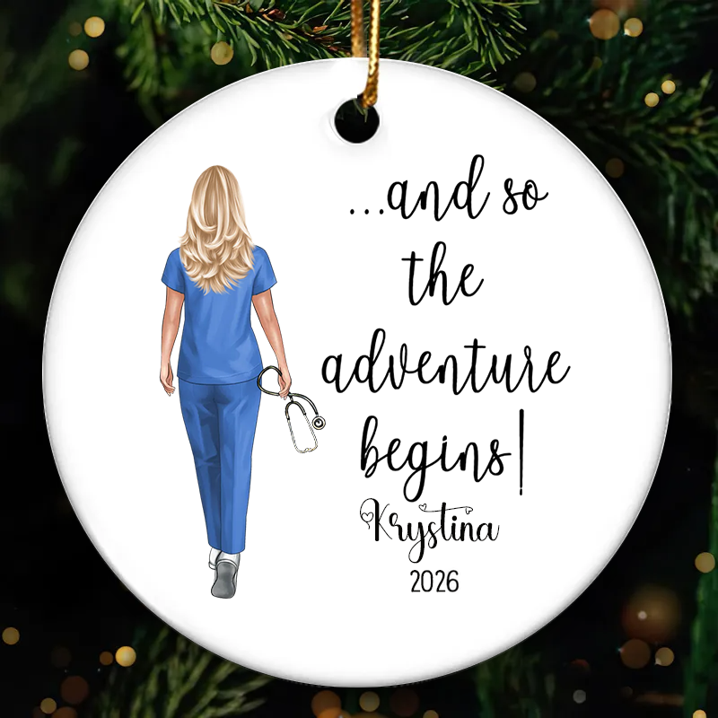 Personalized And So The Adventure Begins circle ceramic ornament, alternate view 2