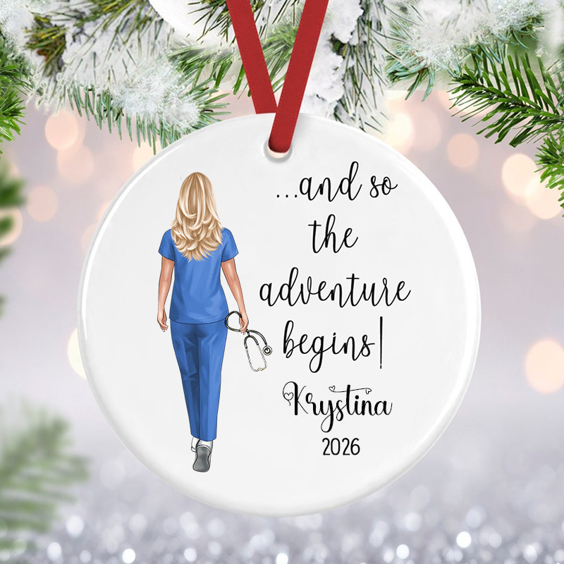 Personalized And So The Adventure Begins circle ceramic ornament, main view
