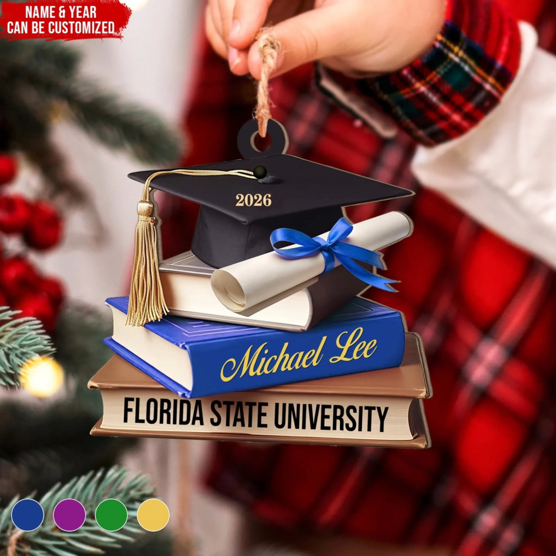 Custom School Graduation Cap With Books custom shaped acrylic ornament, alternate view 2