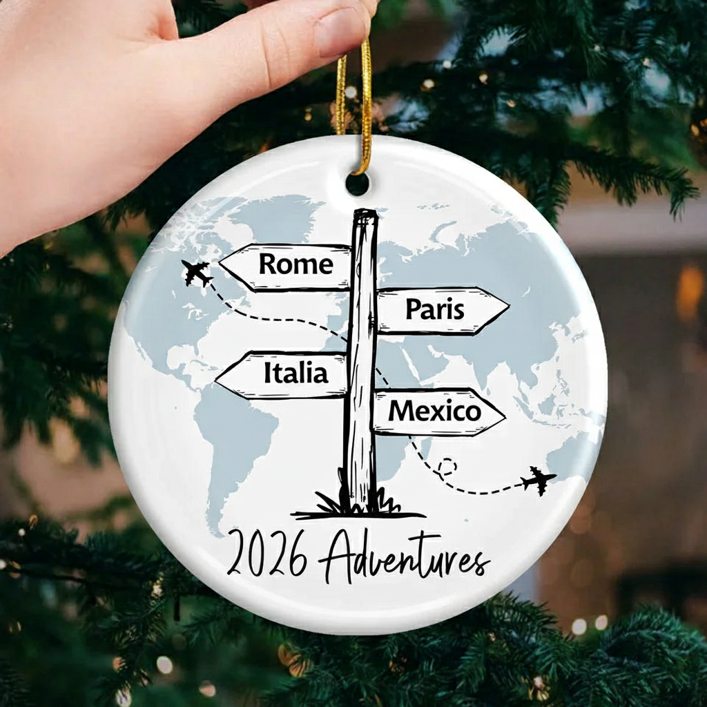 Personalized Travel All Around The World circle ceramic ornament, alternate view 3