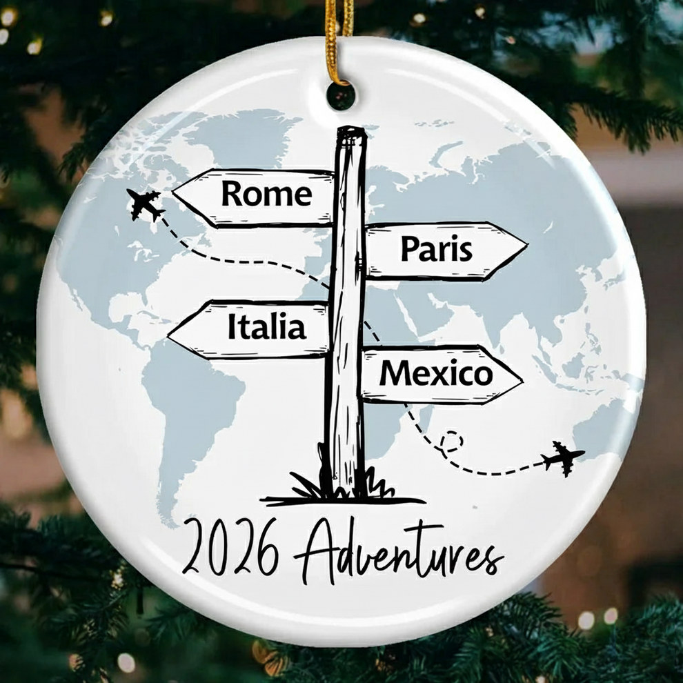 Personalized Travel All Around The World circle ceramic ornament, main view