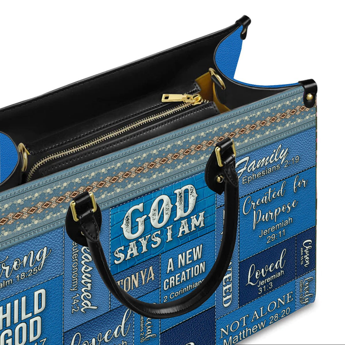 Personalized God Says I Am Leather Handbag Blue, interior pockets and removable strap details