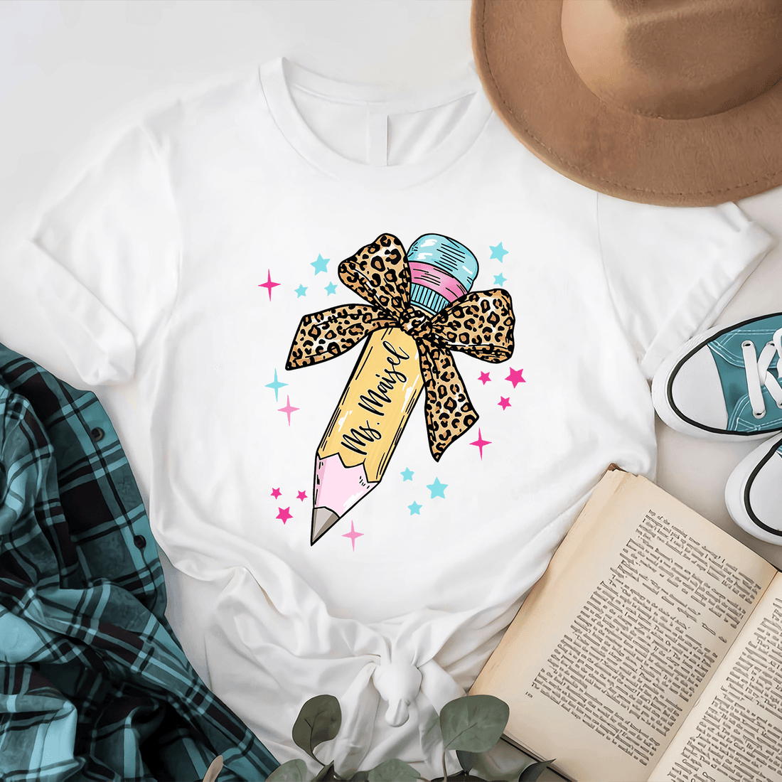 Personalized Leopard Print Bow Pencil Design t-shirt, alternate view 2