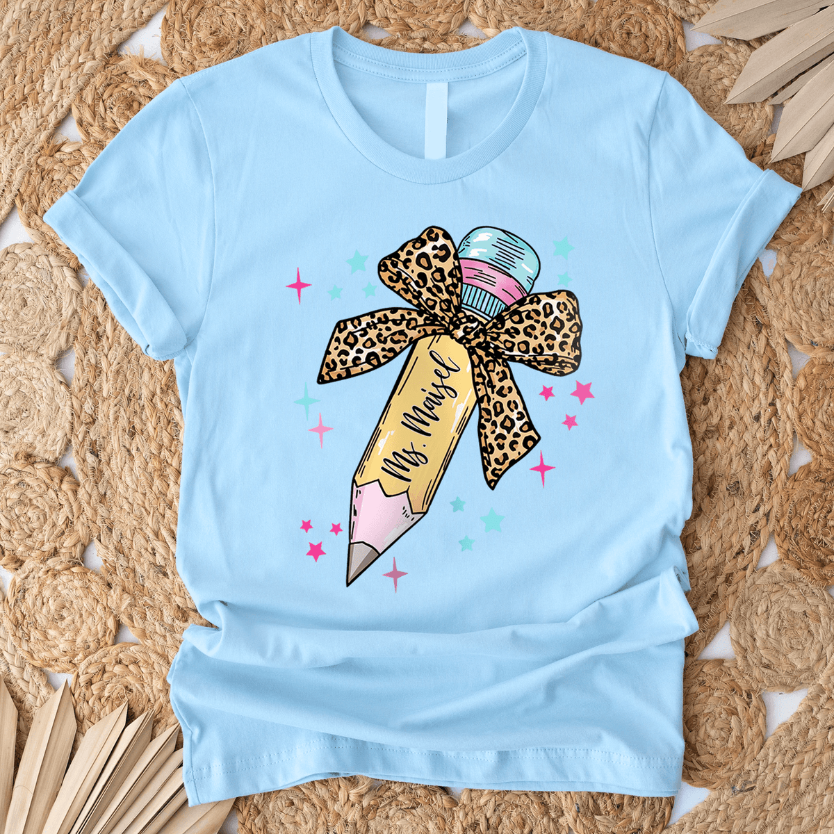 Leopard Print Bow Pencil Design - Personalized Custom T Shirt - First Day of School, Back to School Funny Gift for Teacher, Kindergarten, Preschool, Pre K, Paraprofessional