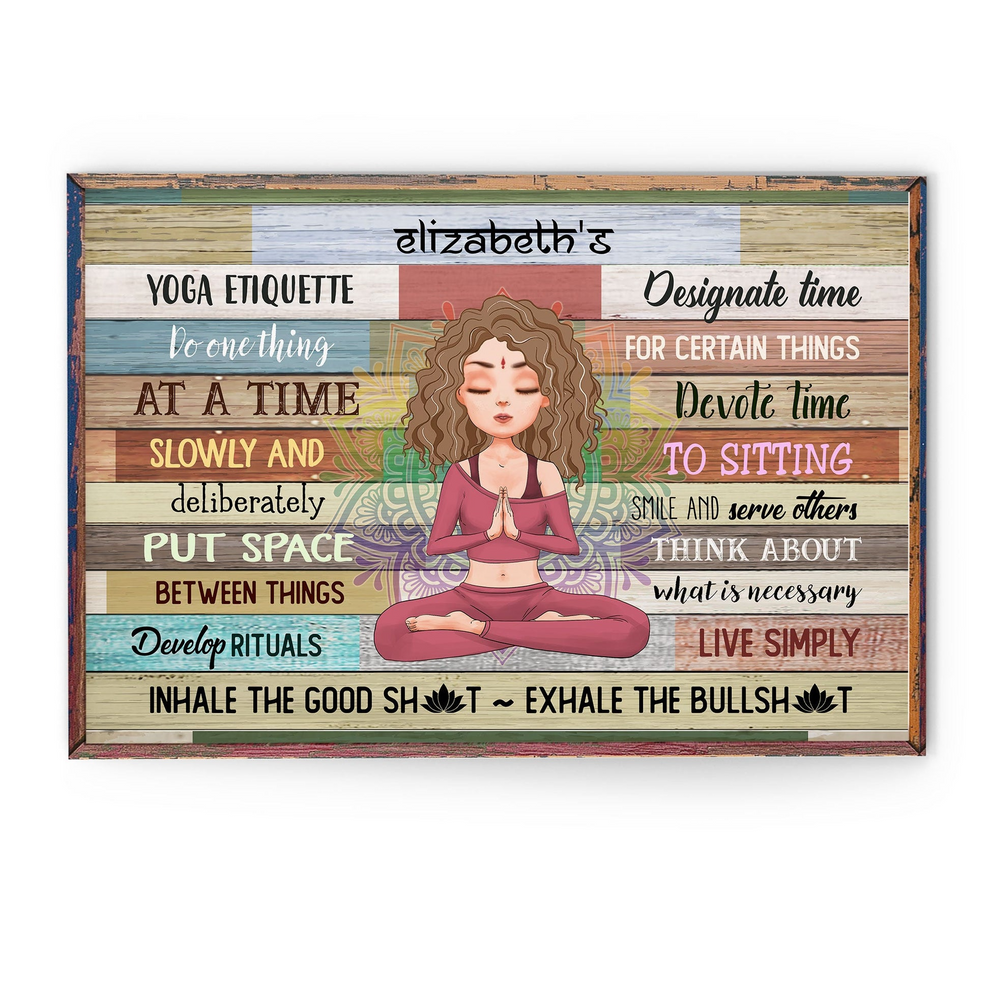 Personalized Yoga Etiquette poster, leaning against a wall on a wooden floor