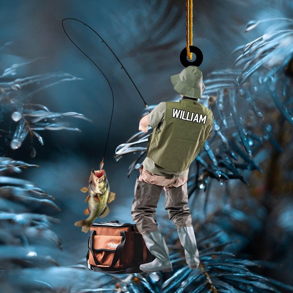 Fisherman with rod acrylic ornament with custom name, alternate view 3