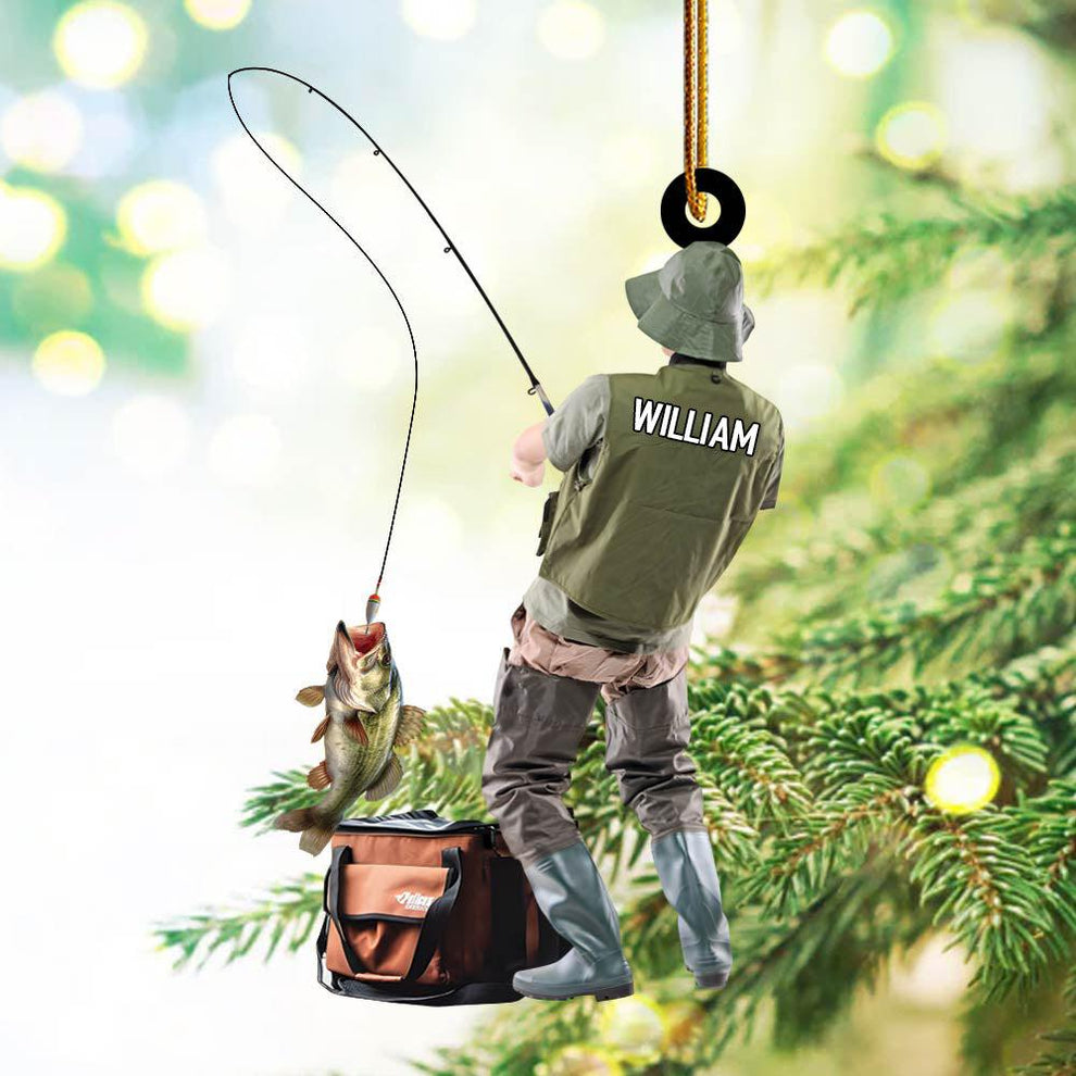 Fisherman with rod acrylic ornament with custom name, main view