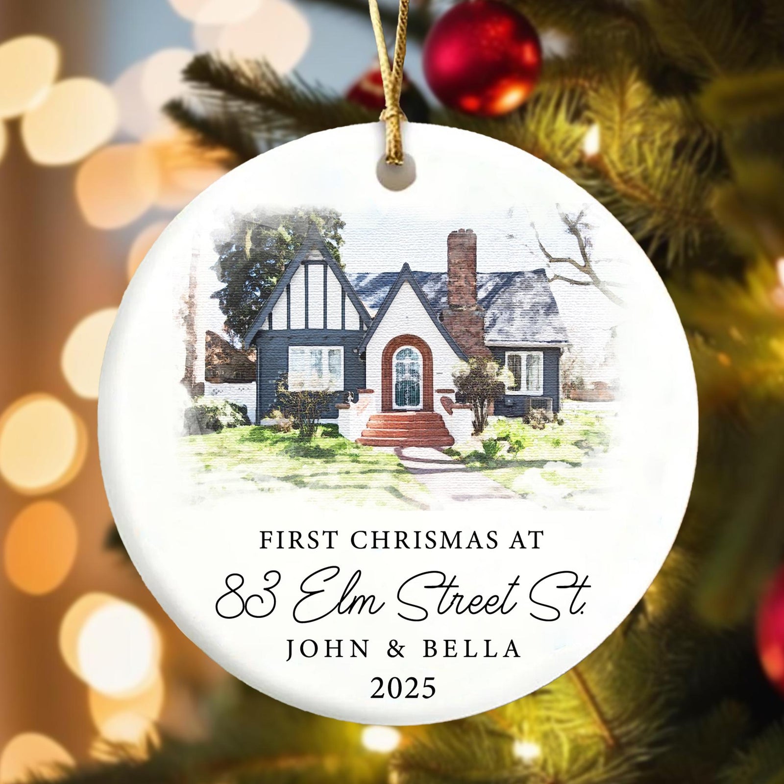 Custom Photo Watercolor New Home - Personalized Circle Ceramic Ornament - Christmas Gift For Family, Housewarming Gift