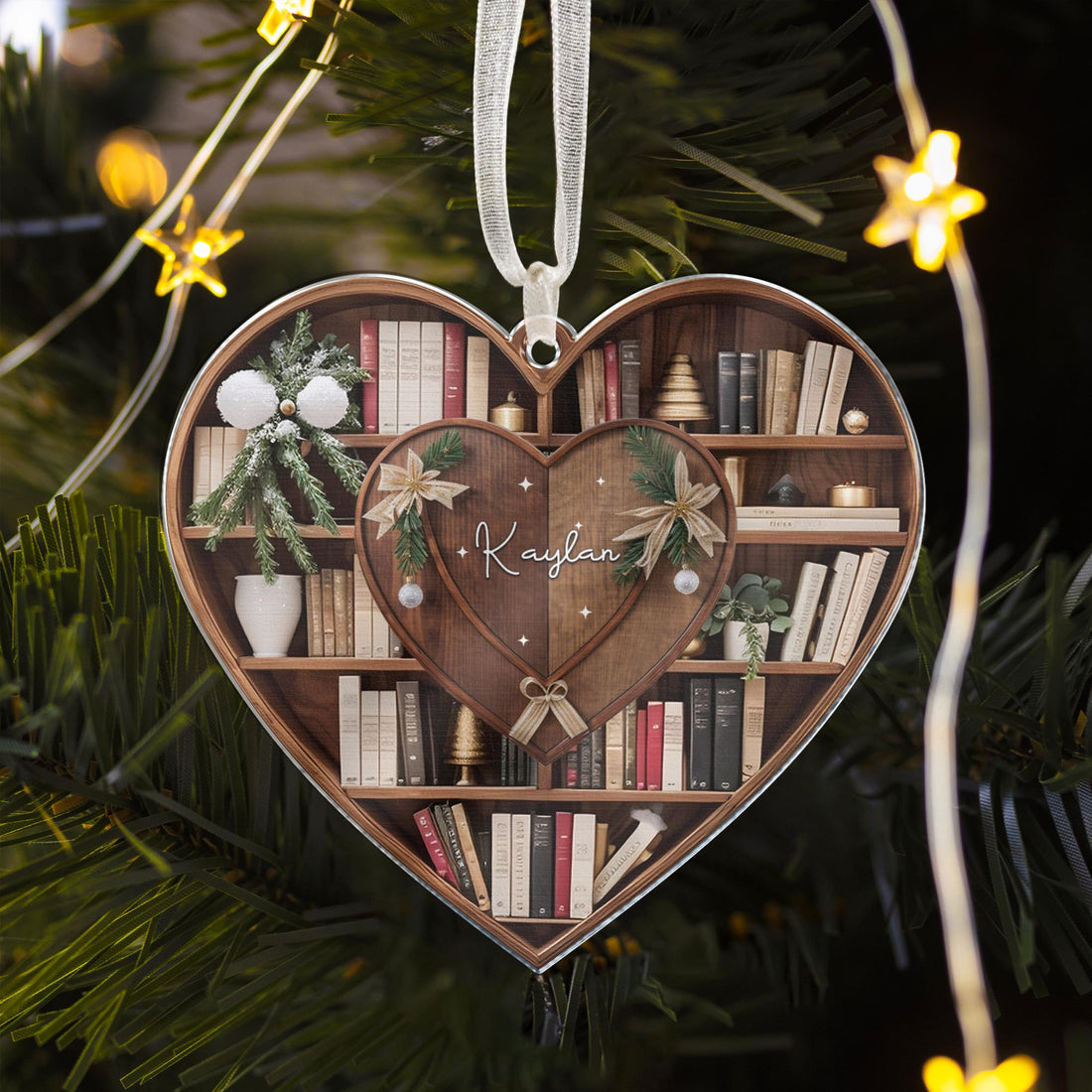 Bookshelf Heart Christmas - Personalized Wood Ornament - Christmas Gift For Book Lovers, Librarian