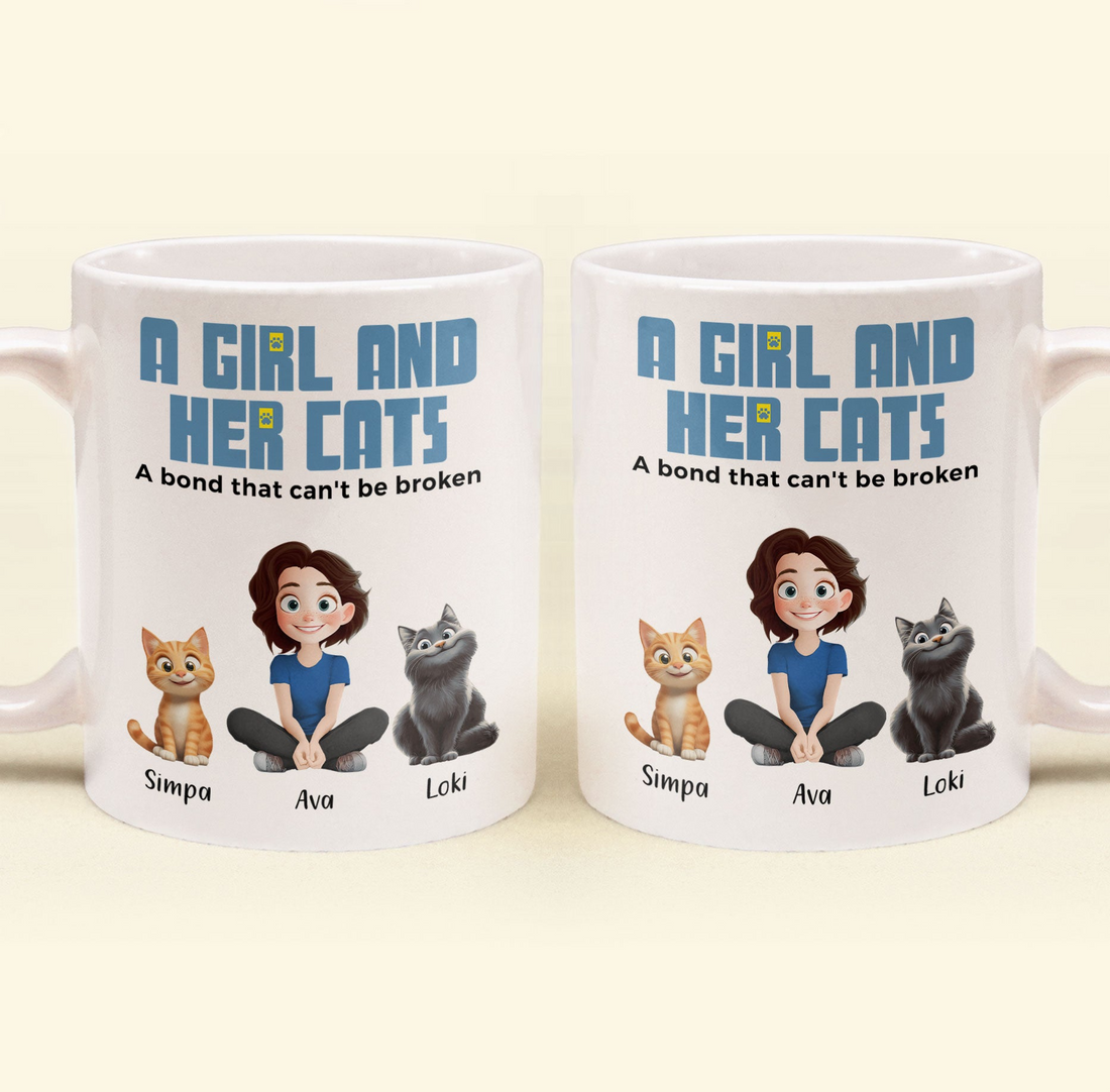 A Girl & Her Cats Has Unbreakable Bond - Personalized Custom Mug - Gift For Her/Him, Cat Lovers, Pet Lovers, Cat Mom, Cat Dad