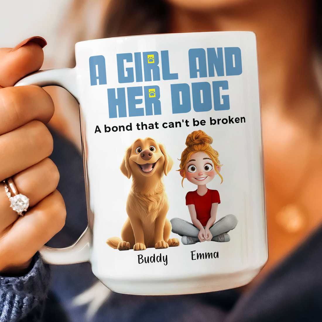 Dog Mom's Personalized Mug: Custom Girl and Dogs Illustration with Names - Unique Birthday or Mother's Day Gift for Dog Lovers