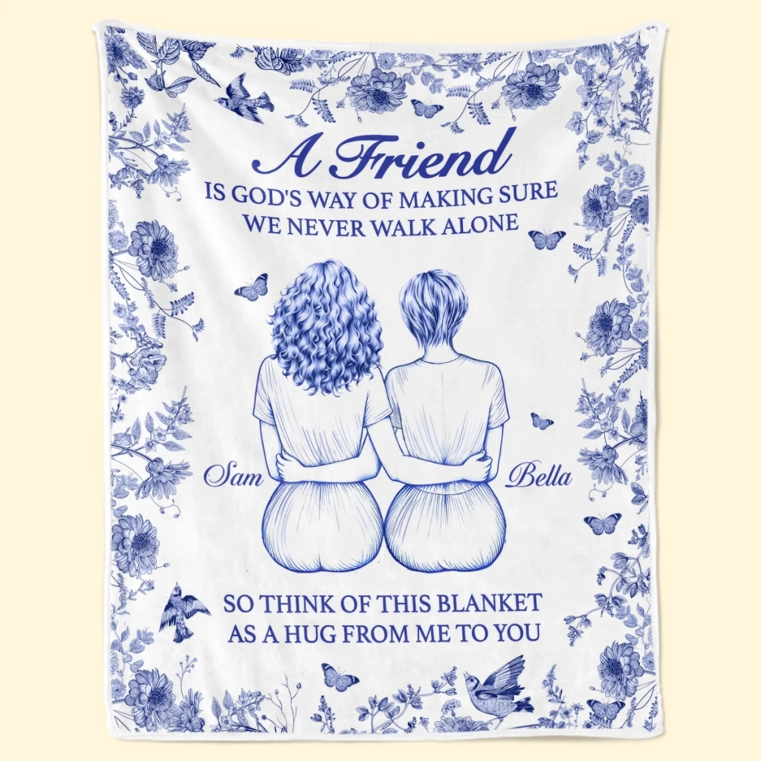 Personalized A Hug From Me To You Besties fleece blanket, spread across a bed