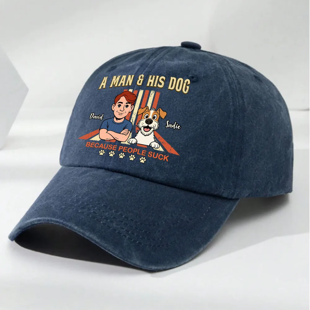 A Man And His Retro Dog - Personalized Custom Vintage Washed Denim Cap - Father's Day Gift for Him, Husband, Daddy, Dog Lovers