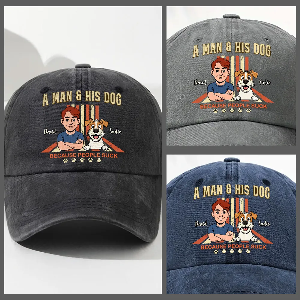 A Man And His Retro Dog - Personalized Custom Vintage Washed Denim Cap - Father's Day Gift for Him, Husband, Daddy, Dog Lovers