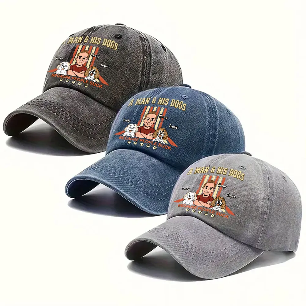 A Man And His Retro Dog - Personalized Custom Vintage Washed Denim Cap - Father's Day Gift for Him, Husband, Daddy, Dog Lovers
