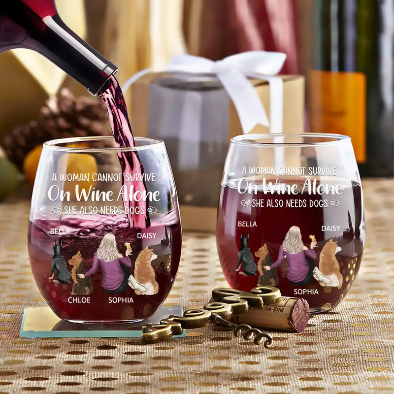 A Woman Cannot Survive On Wine Alone Dog Lovers personalized wine glass, alternate view 4