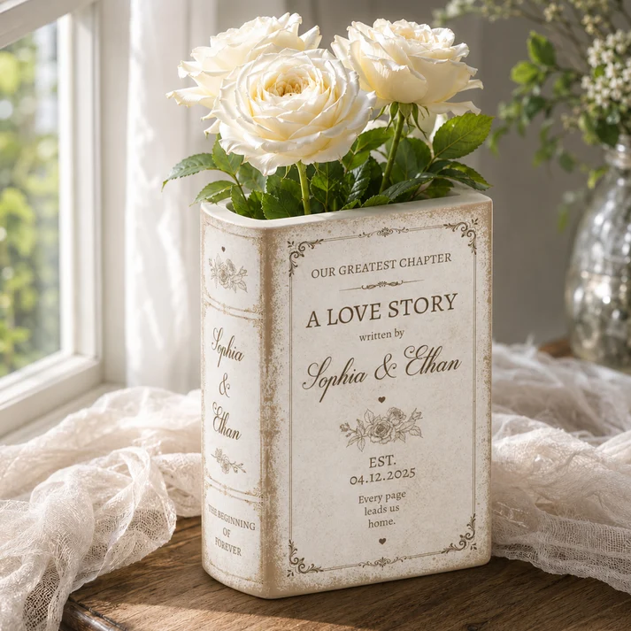 A Love Story Written By - Personalized Ceramic Book Vase - Gifts For Newlywed Couples, Wife/Husband