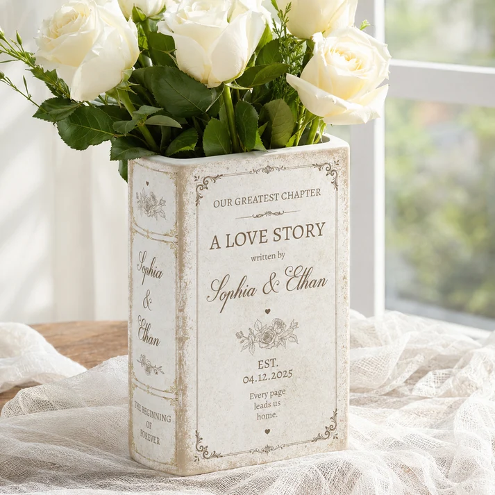 A Love Story Written By - Personalized Ceramic Book Vase - Gifts For Newlywed Couples, Wife/Husband