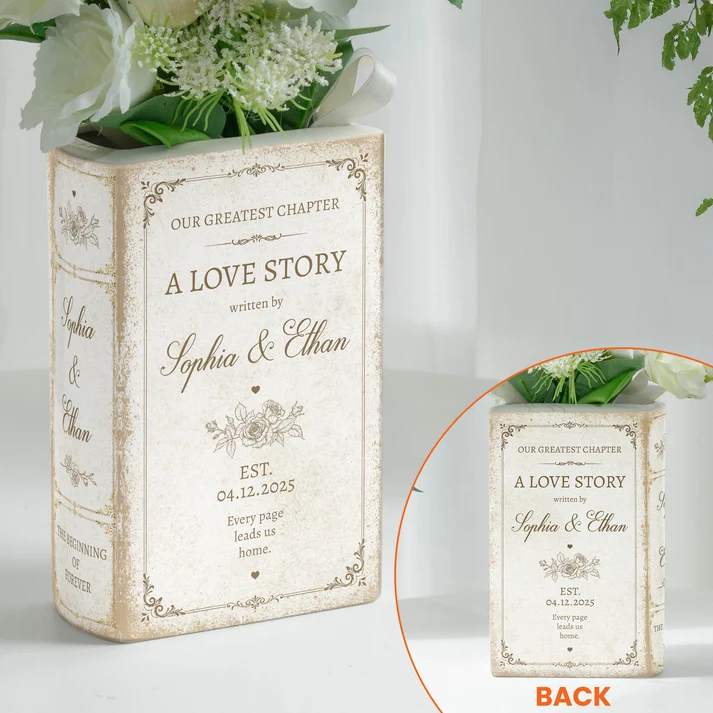 A Love Story Written By - Personalized Ceramic Book Vase - Gifts For Newlywed Couples, Wife/Husband