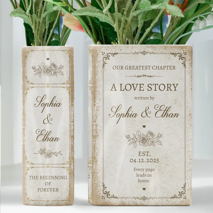 A Love Story Written By - Personalized Ceramic Book Vase - Gifts For Newlywed Couples, Wife/Husband