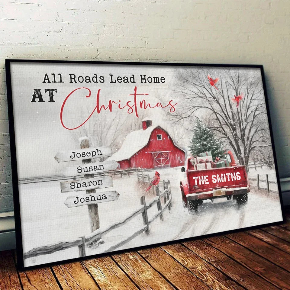 Personalized All Roads Lead Home At Christmas canvas print, leaning against a wall on a wooden floor