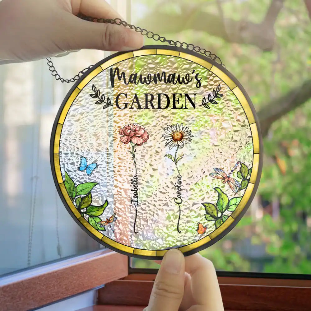 Birth Flower Grandma's Garden - Personalized Stained Glass Window Hanging Suncatcher - Gift for Grandma, Mom