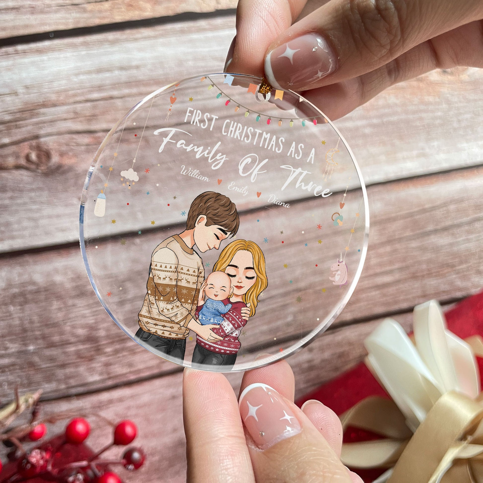 Baby First Christmas As A Family Of Three - Personalized Circle Acrylic Ornament - Babies First Christmas Gifts