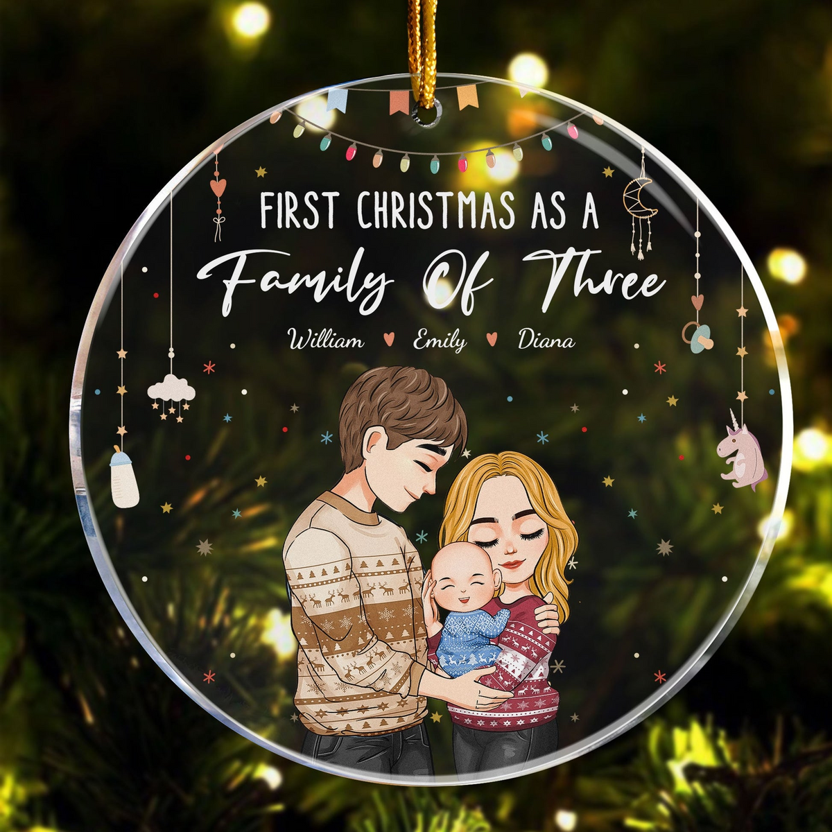 Baby First Christmas As A Family Of Three - Personalized Circle Acrylic Ornament - Babies First Christmas Gifts