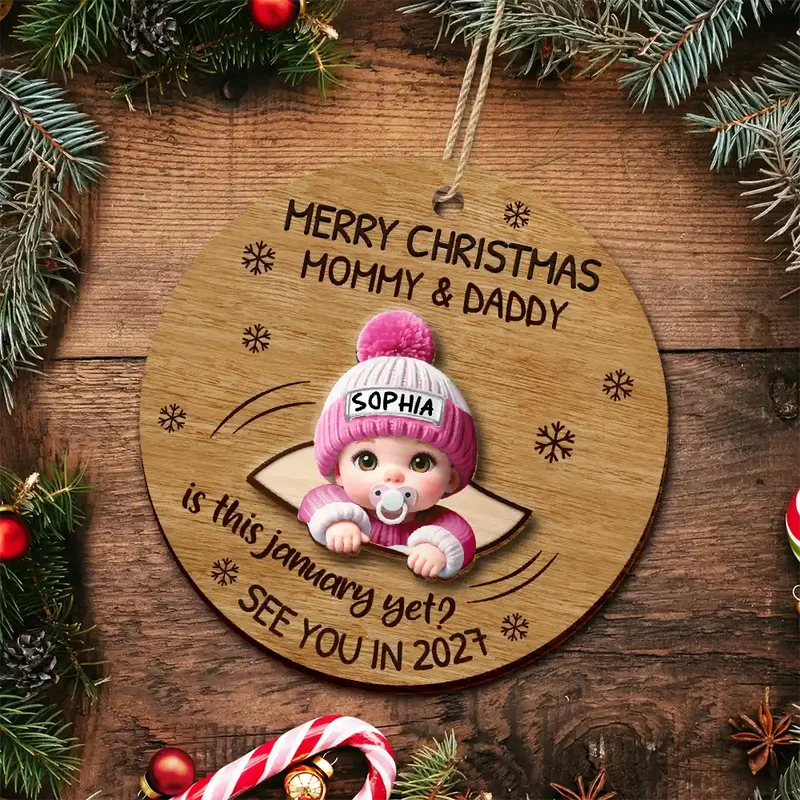 Baby Expecting Christmas On The Inside See You In - Personalized Custom 2-layered Wood Ornament - Christmas Gift For Expecting Moms, Dads, Grandparents