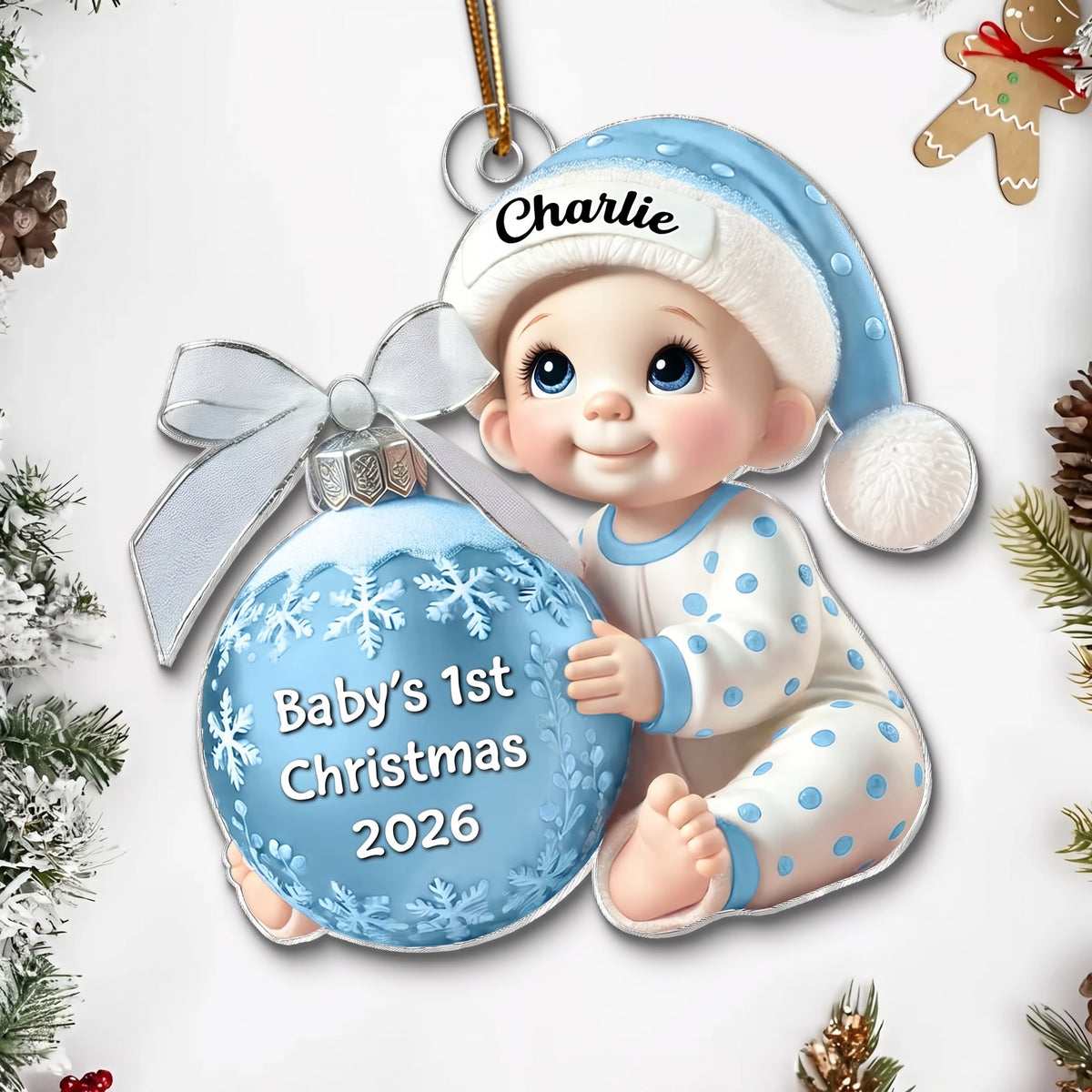 Baby Holding Christmas Bauble 3D Effect - Personalized Custom Shaped Acrylic Ornament - Newborn Gifts, Babies 1st Christmas Gifts